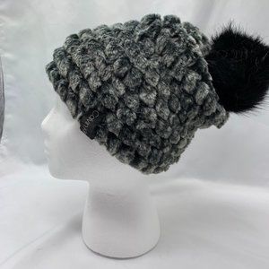 Calvin Klein gray winter hat with black faux fur pom pom